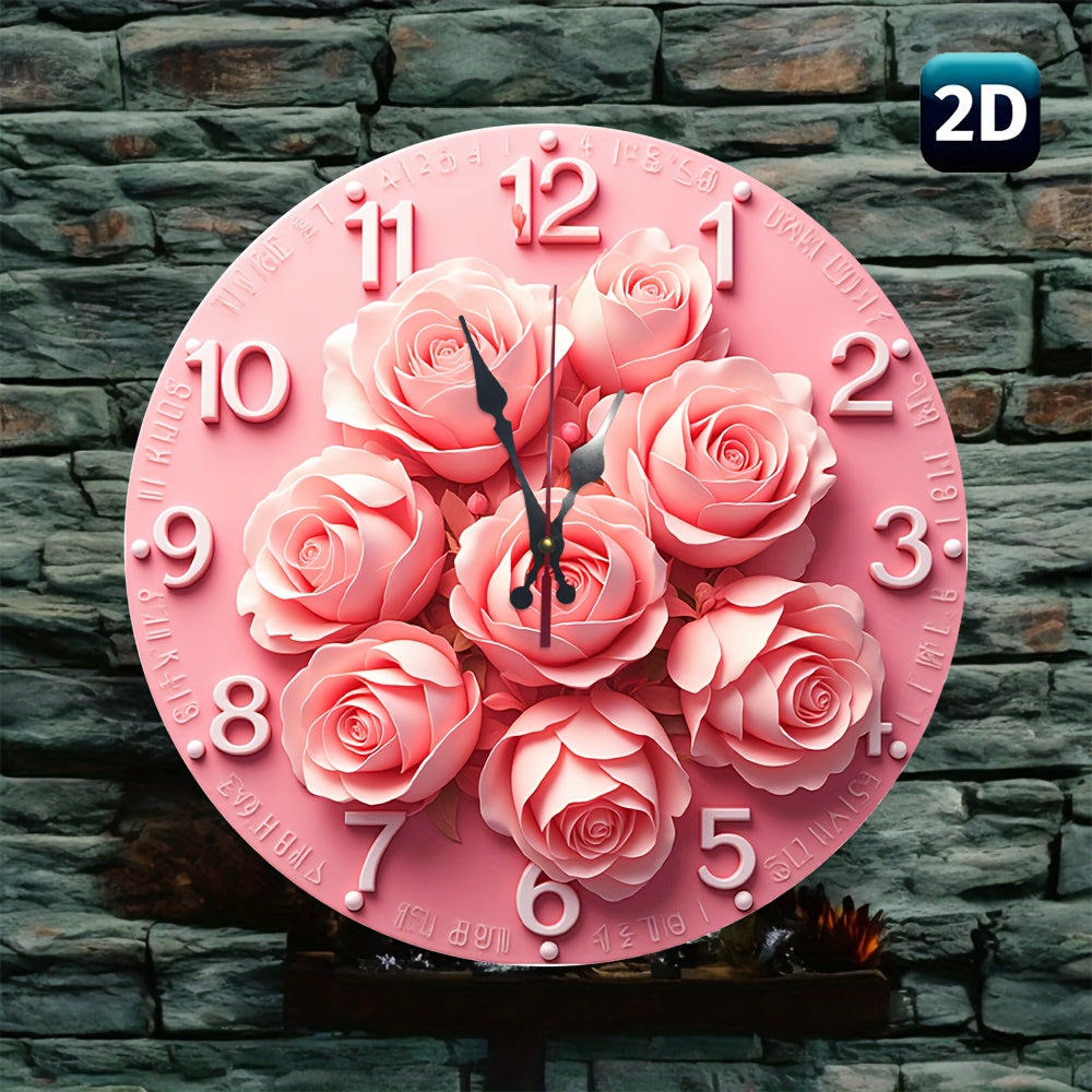 2D flat style retro floral wall clock - Quartz sports romantic pink rose design, silent, no AA battery, perfect for home decoration, living room, kitchen or gift. Elegant wall clock, quartz sports clock, wall clock decoration