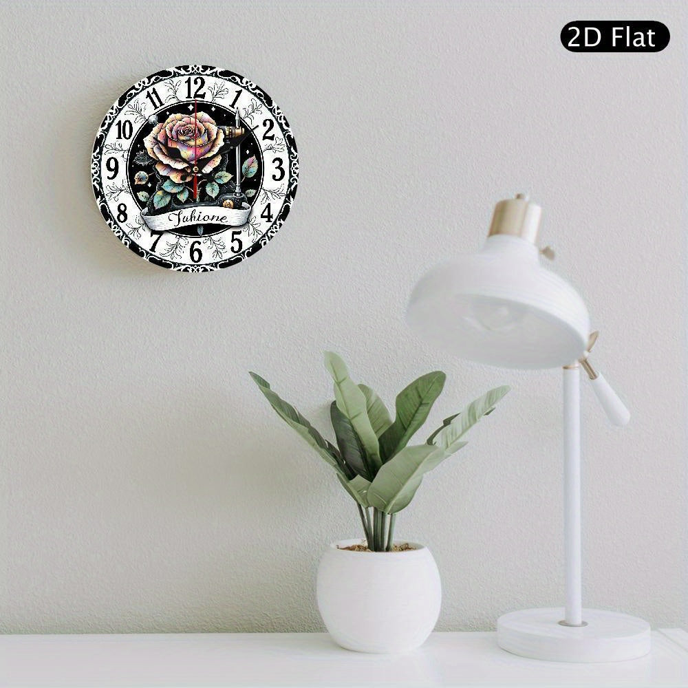 1 retro floral silent wall clock - pink black rose flat clock, battery-powered, no AA battery, suitable for living room, kitchen, office, birthday, graduation, Thanksgiving decoration - elegant home gift, artistic design, fine craftsmanship, 2D flat