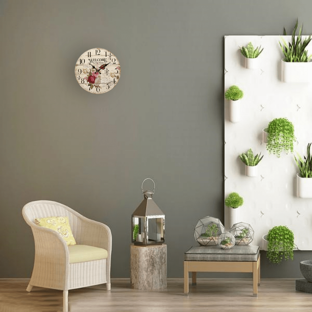 Retro floral wall clock silent movement - Retro rose and butterfly design artificial wooden round clock suitable for living room, bedroom, kitchen and office decoration - perfect for Christmas, New Year and Halloween. No AA battery included