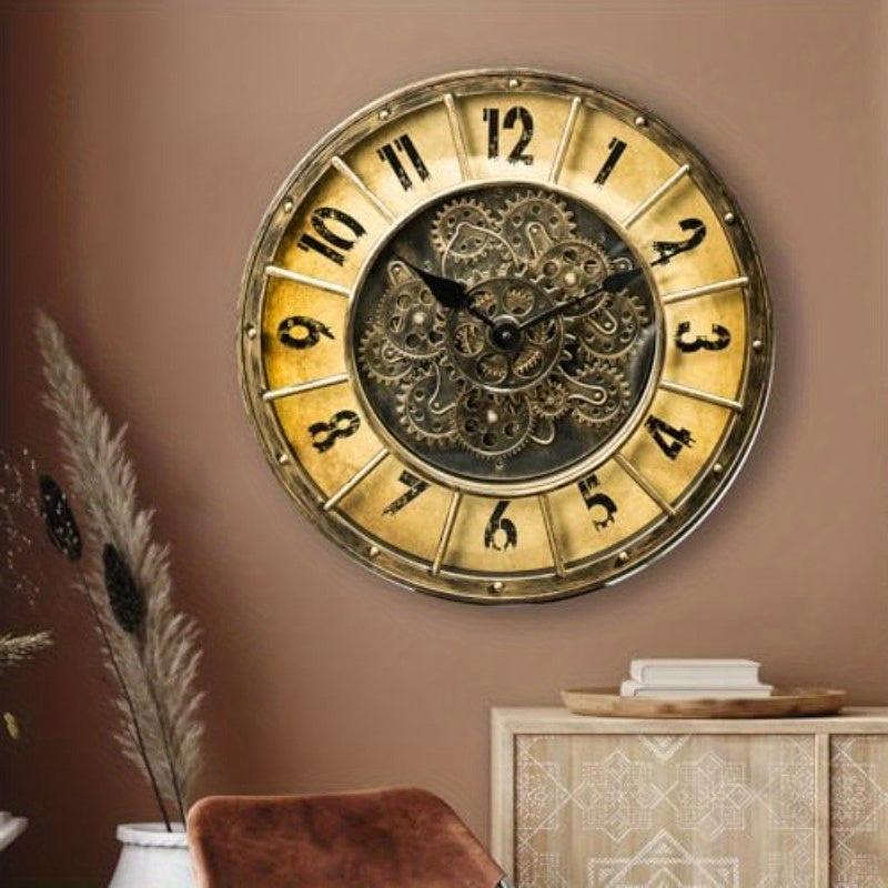 18-Inch Oversized Gear Clock Featuring Authentic Moving Gears, Designed in a Large Industrial Steampunk Style, This Wall-Mounted Clock with a Glass Cover Is Perfect for Decorating Living Rooms, Home Offices, Factories, Warehouses, Or Log Cabins