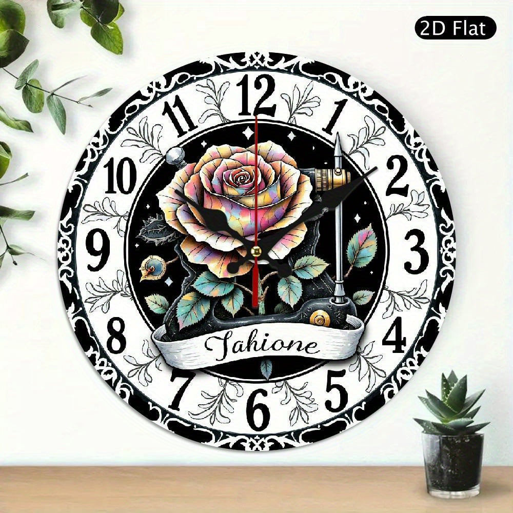 1 retro floral silent wall clock - pink black rose flat clock, battery-powered, no AA battery, suitable for living room, kitchen, office, birthday, graduation, Thanksgiving decoration - elegant home gift, artistic design, fine craftsmanship, 2D flat