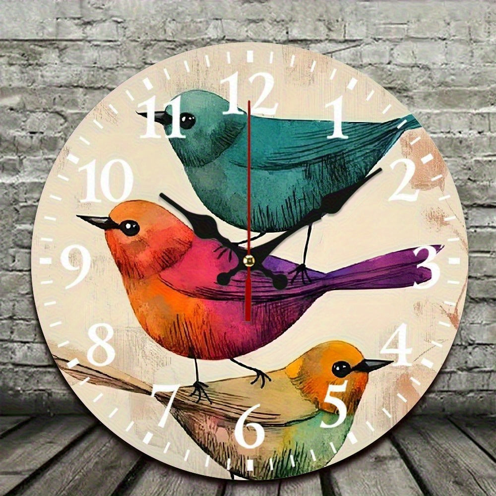 2D flat 10-inch round wooden wall clock is suitable for home decoration, bird paper painting, printing, wall art decoration, wall hanging decoration - very suitable for wall clocks in living rooms, dormitories, bedrooms, kitchens, home offices, etc