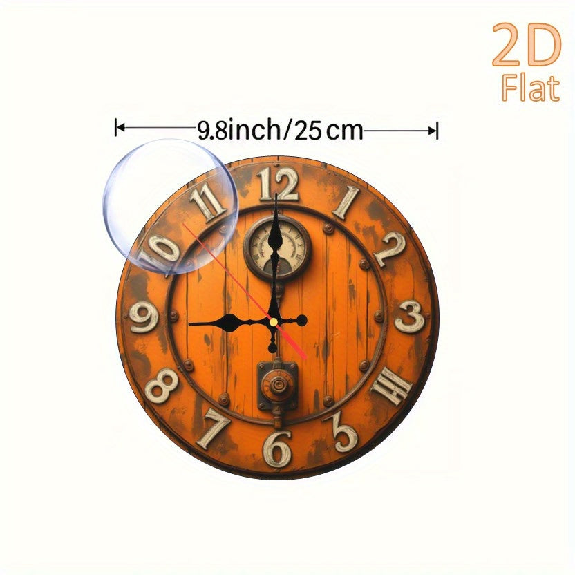 9.8 Inch Orange Wood & Rivet Accents 2D Wall Clock - Distressed Steampunk Industrial Design, Silent Quartz Movement, Artificial Wood, Battery Operated (AA Not Included) for Living Room Home Decor, Durable Craftsmanship