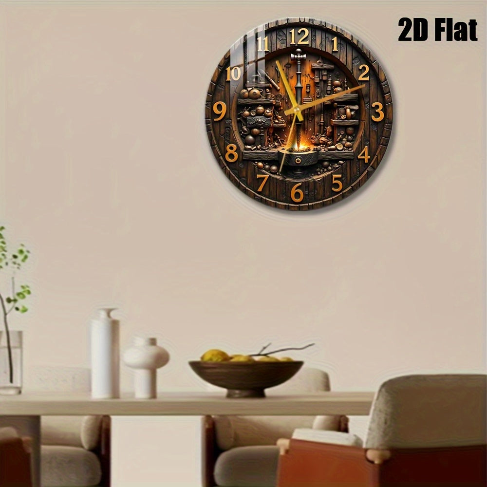 2D Flat, 1pc Industrial Forged Style Tempered Glass Wall Clock 12x12inch- Black and Golden Metal Hands, Artisan Handmade Design with Tools and Flame Pattern, Battery Operated(AA Batteries Not Included)- Choice Living Room, Studio, Hous, 2D Flat