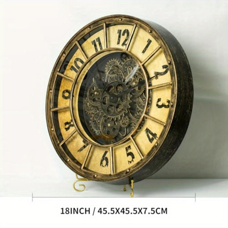 18-Inch Oversized Gear Clock Featuring Authentic Moving Gears, Designed in a Large Industrial Steampunk Style, This Wall-Mounted Clock with a Glass Cover Is Perfect for Decorating Living Rooms, Home Offices, Factories, Warehouses, Or Log Cabins