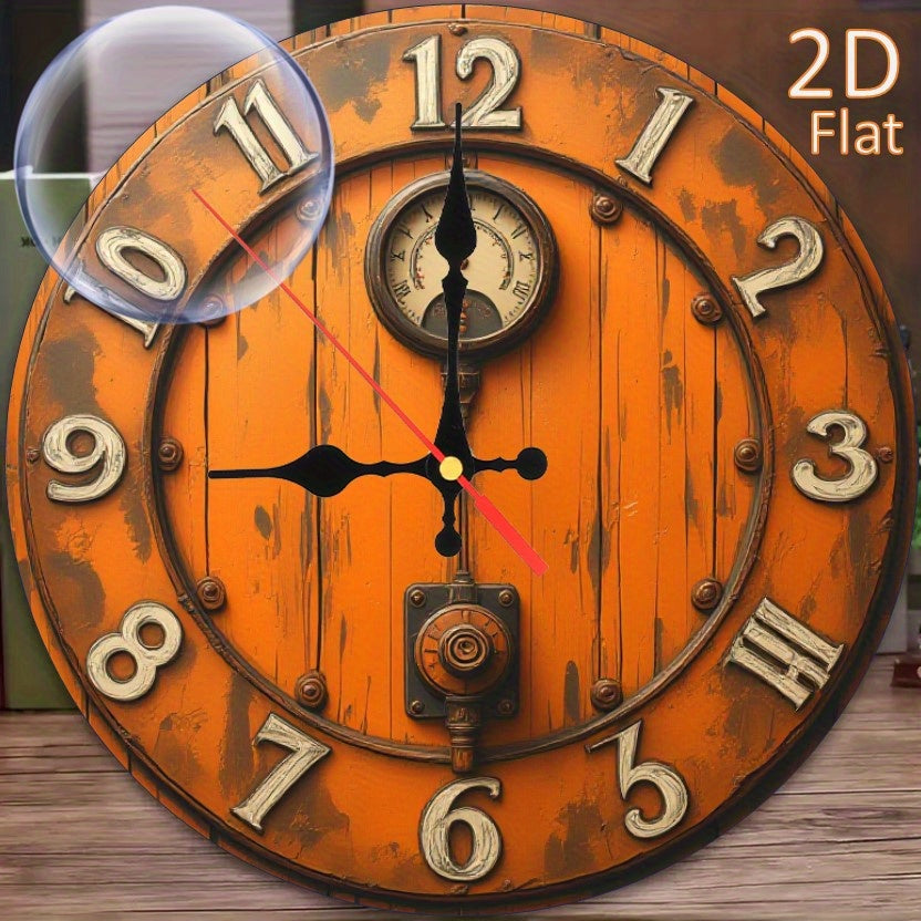 9.8 Inch Orange Wood & Rivet Accents 2D Wall Clock - Distressed Steampunk Industrial Design, Silent Quartz Movement, Artificial Wood, Battery Operated (AA Not Included) for Living Room Home Decor, Durable Craftsmanship