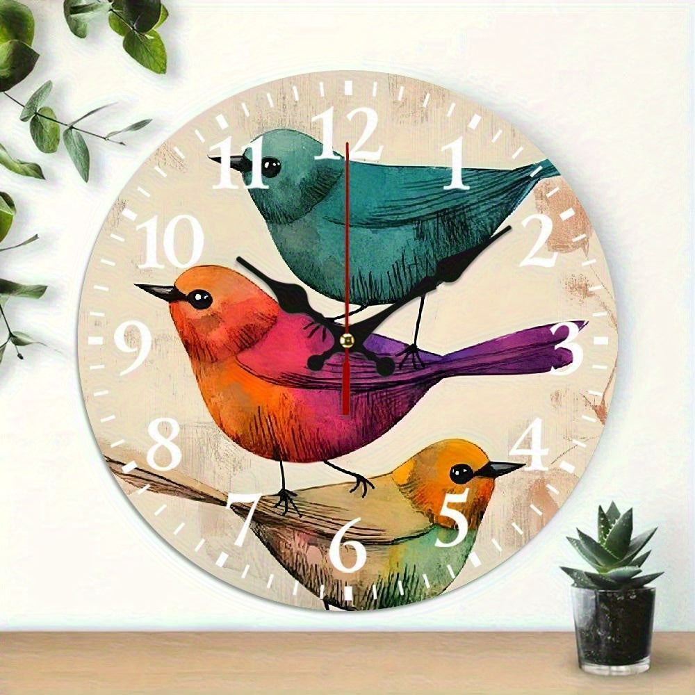 2D flat 10-inch round wooden wall clock is suitable for home decoration, bird paper painting, printing, wall art decoration, wall hanging decoration - very suitable for wall clocks in living rooms, dormitories, bedrooms, kitchens, home offices, etc
