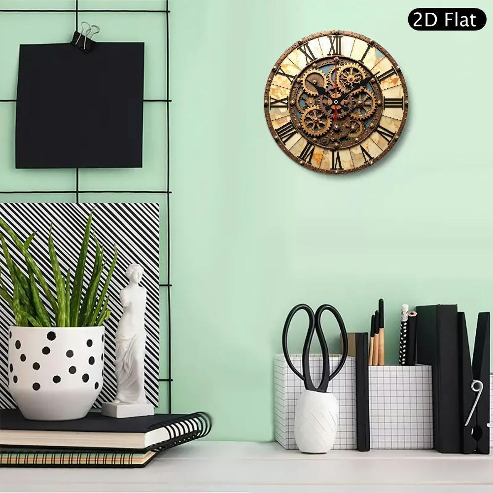 Retro Industrial Round Wall Clock with Steampunk Gears & Roman Numerals - Silent Non-Ticking Wooden Frame, AA Battery Operated (Not Included) for Living Room, Bedroom, Office Decor - Unique Artistic Home Gift
