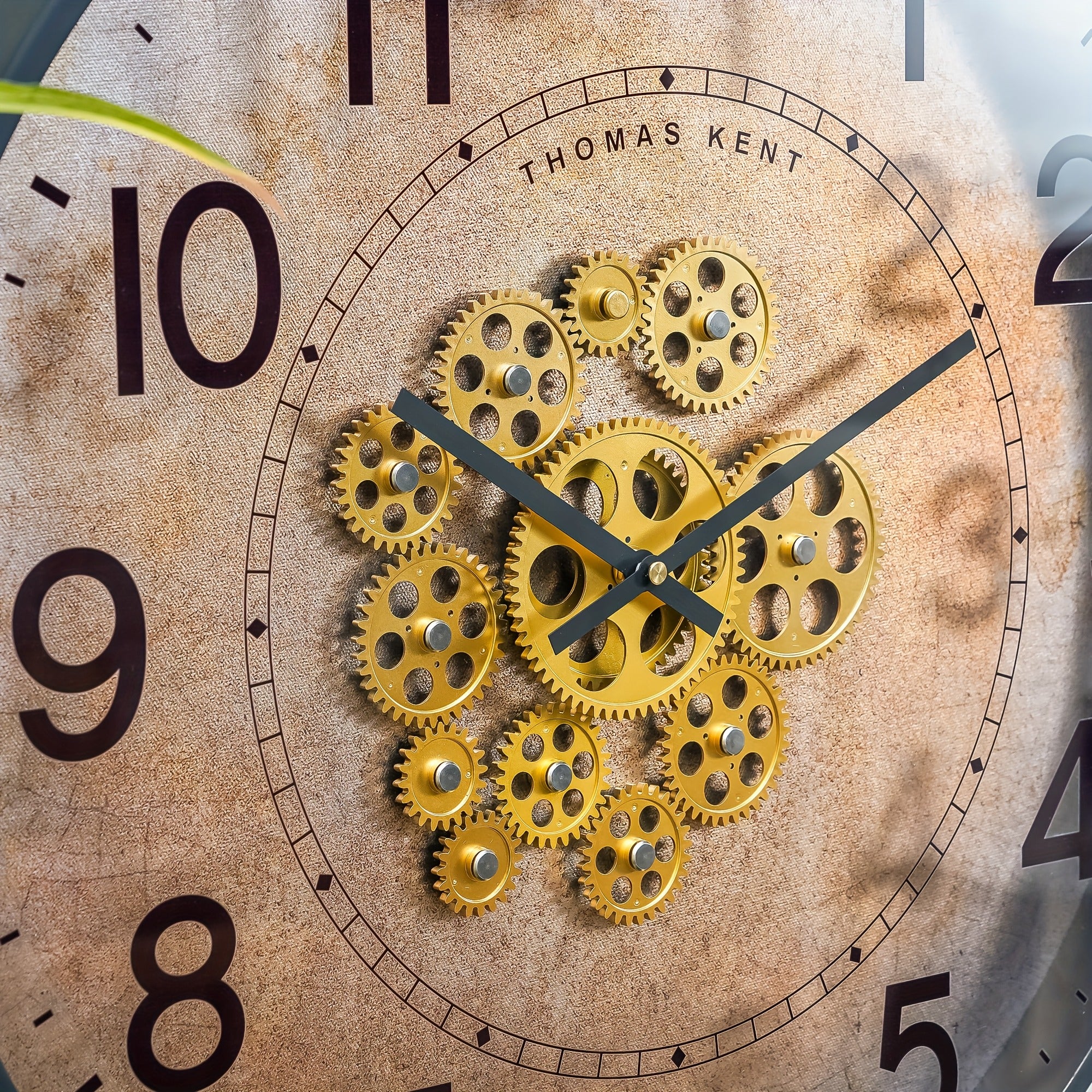 Industrial Vintage Wall Clock with Rotating Golden Gear - Distressed Dial, Black Frame, Mechanical Design for Home & Office Decor, 21\