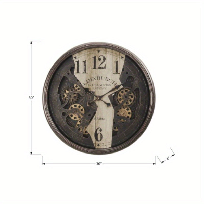 Vintage Industrial Wall Clock - 30 Round Non-Ticking Gear Mechanism, Battery-Powered (No Wiring Needed) - Heavy-Duty Metal\u002FPlastic Construction - Brown Vintage Decor for Living Room, Office, Kitchen - Transitional Style Modern Farmhouse Decor