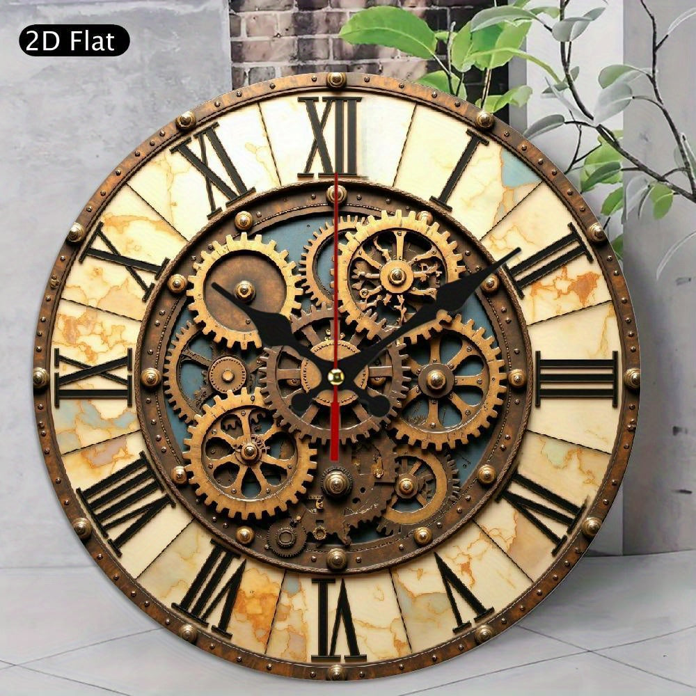 Retro Industrial Round Wall Clock with Steampunk Gears & Roman Numerals - Silent Non-Ticking Wooden Frame, AA Battery Operated (Not Included) for Living Room, Bedroom, Office Decor - Unique Artistic Home Gift