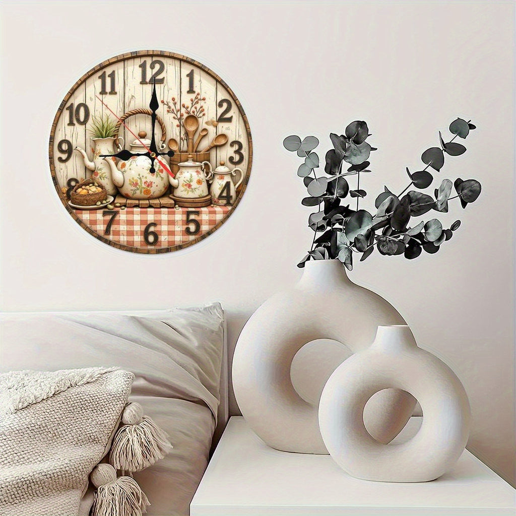 Retro Style Round Wall Clock with Floral Pattern Teapot, Wooden Tableware And Comfortable Plaid Tablecloth Set, Light Faded Wood Grain Background with Numbers 1-12, Classic Dark Design, Adds Warmth And Intimacy to Home Decor